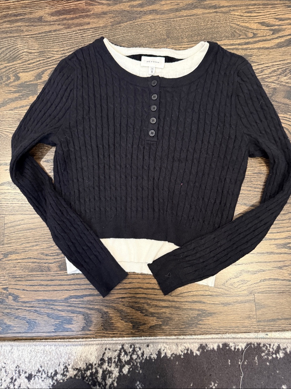 Reformation Black Cable-Knit Long Sleeve Henley Sweater